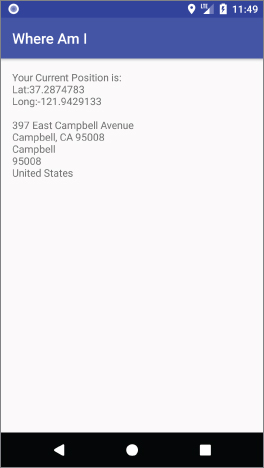 Mobile user interface with a display having label “Where Am I” at the topmost portion. A complete address and labels “Lat:37.2874783” and “Long:-121.9429133” under “Your Current Position is:” are indicated below.